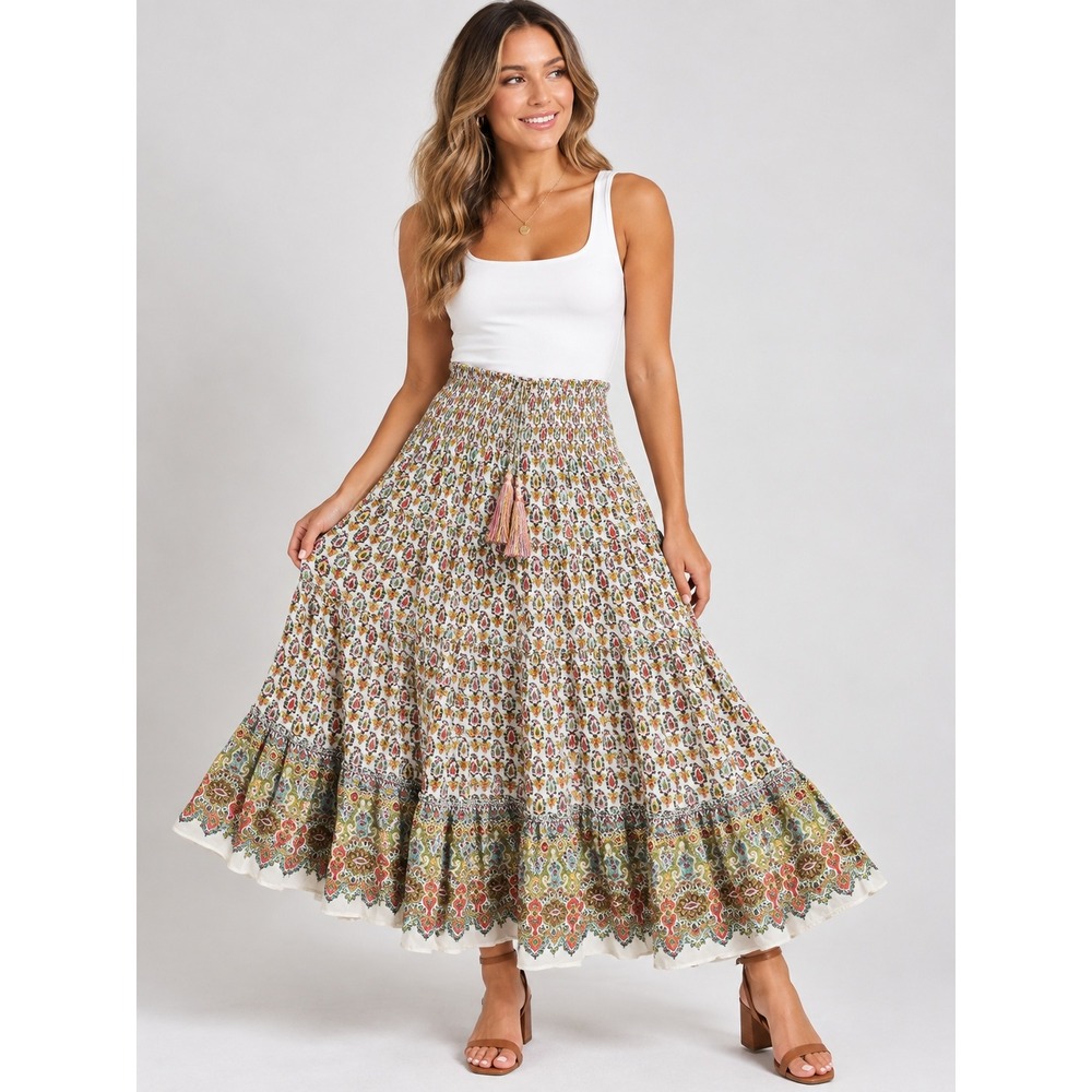 Calypso St Barth Silk Womens Medium Paisley Tiered Maxi Skirt Smocked Waist Boho